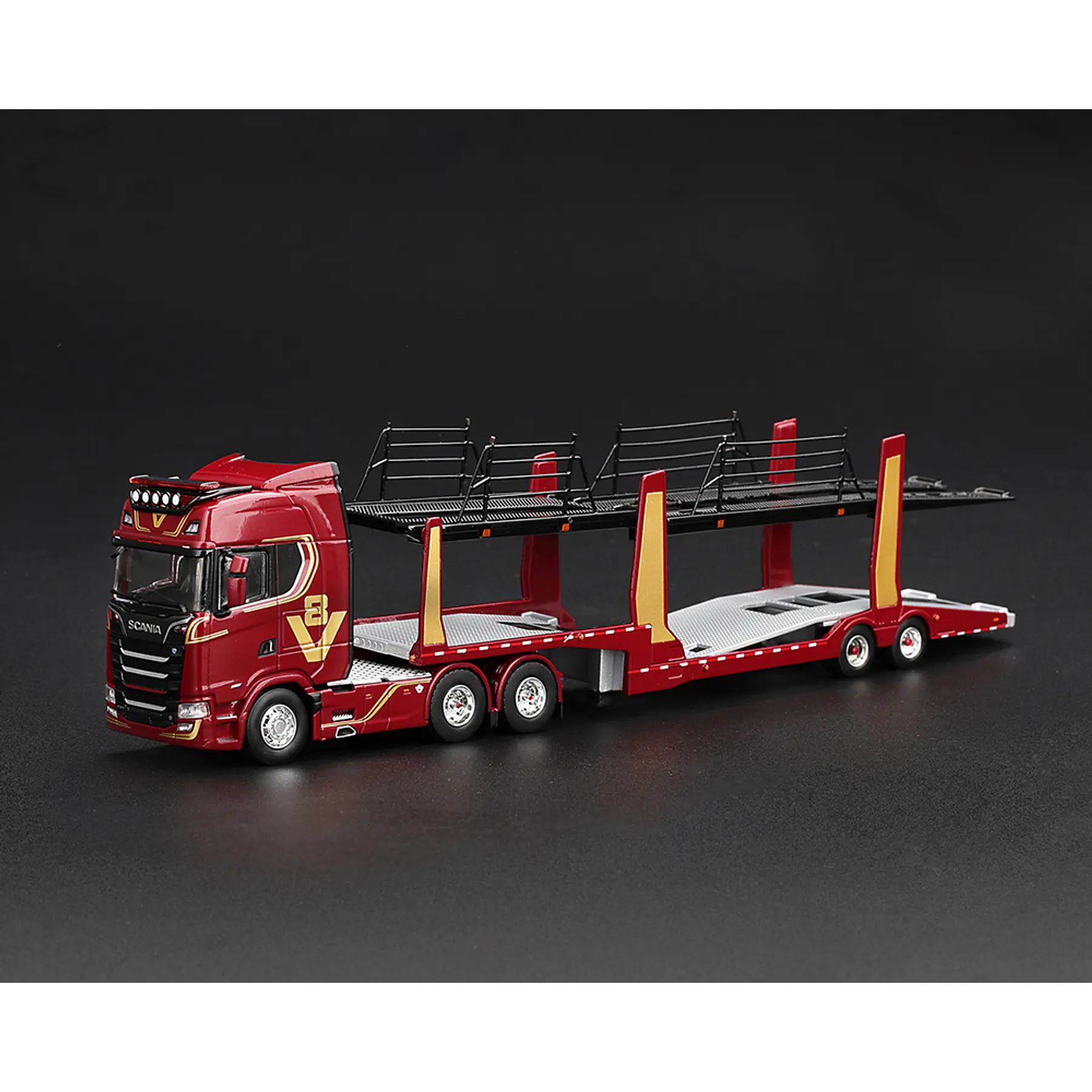 (PREVENTA) Mini GT 1:64 Scania 770S A6x4NA Car Transporter V8 50th anniversary + Car transporter – Red – Limited Edition