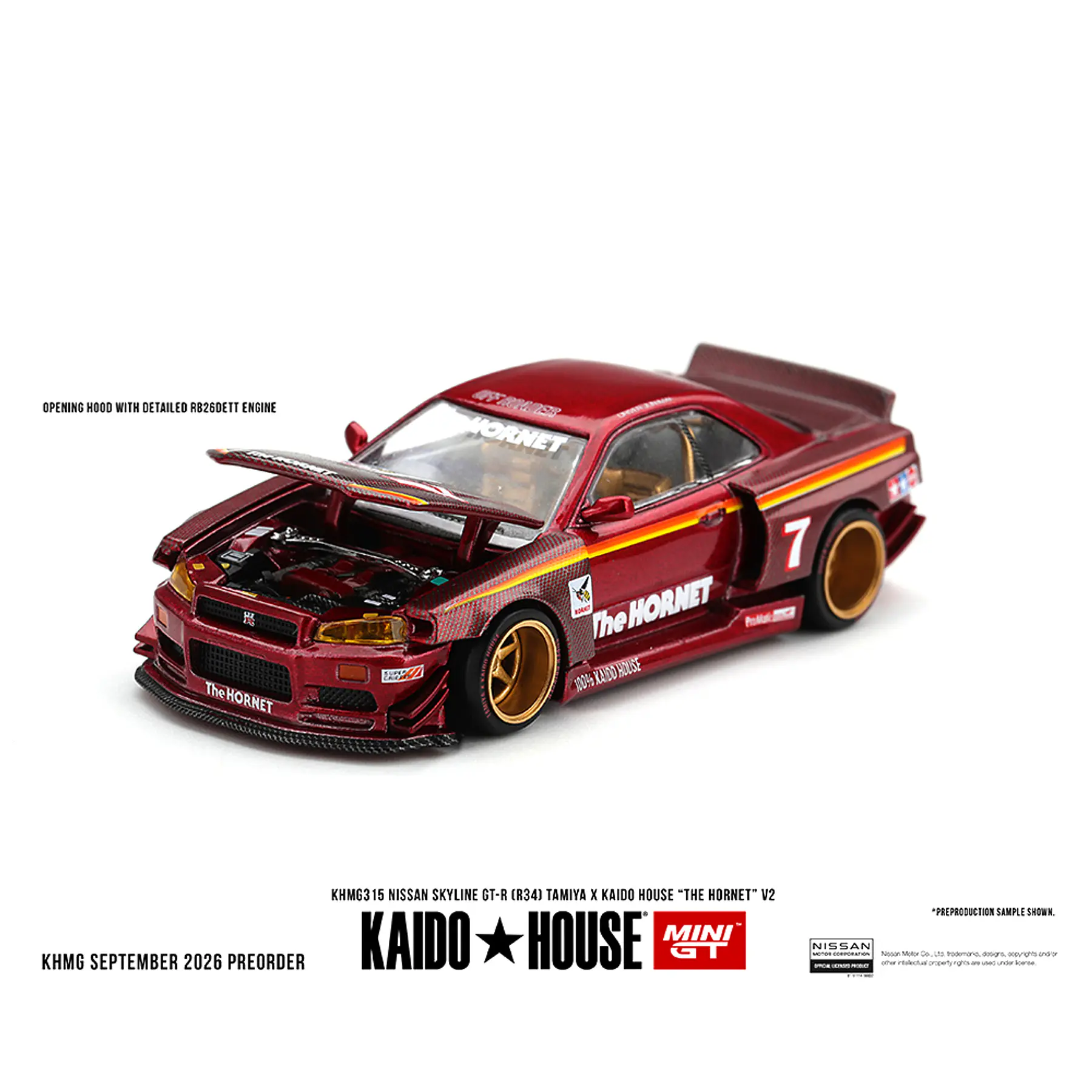 (PREVENTA) Kaido House x Mini GT Nissan Skyline GT-R (R34) TAMIYA x KAIDO HOUSE “The Hornet” V2 – M. Red Carbon