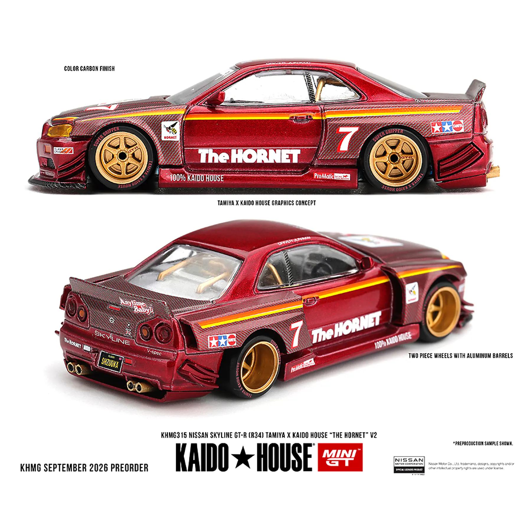 (PREVENTA) Kaido House x Mini GT Nissan Skyline GT-R (R34) TAMIYA x KAIDO HOUSE “The Hornet” V2 – M. Red Carbon