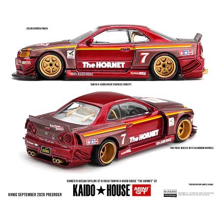 (PREVENTA) Kaido House x Mini GT Nissan Skyline GT-R (R34) TAMIYA x KAIDO HOUSE “The Hornet” V2 – M. Red Carbon