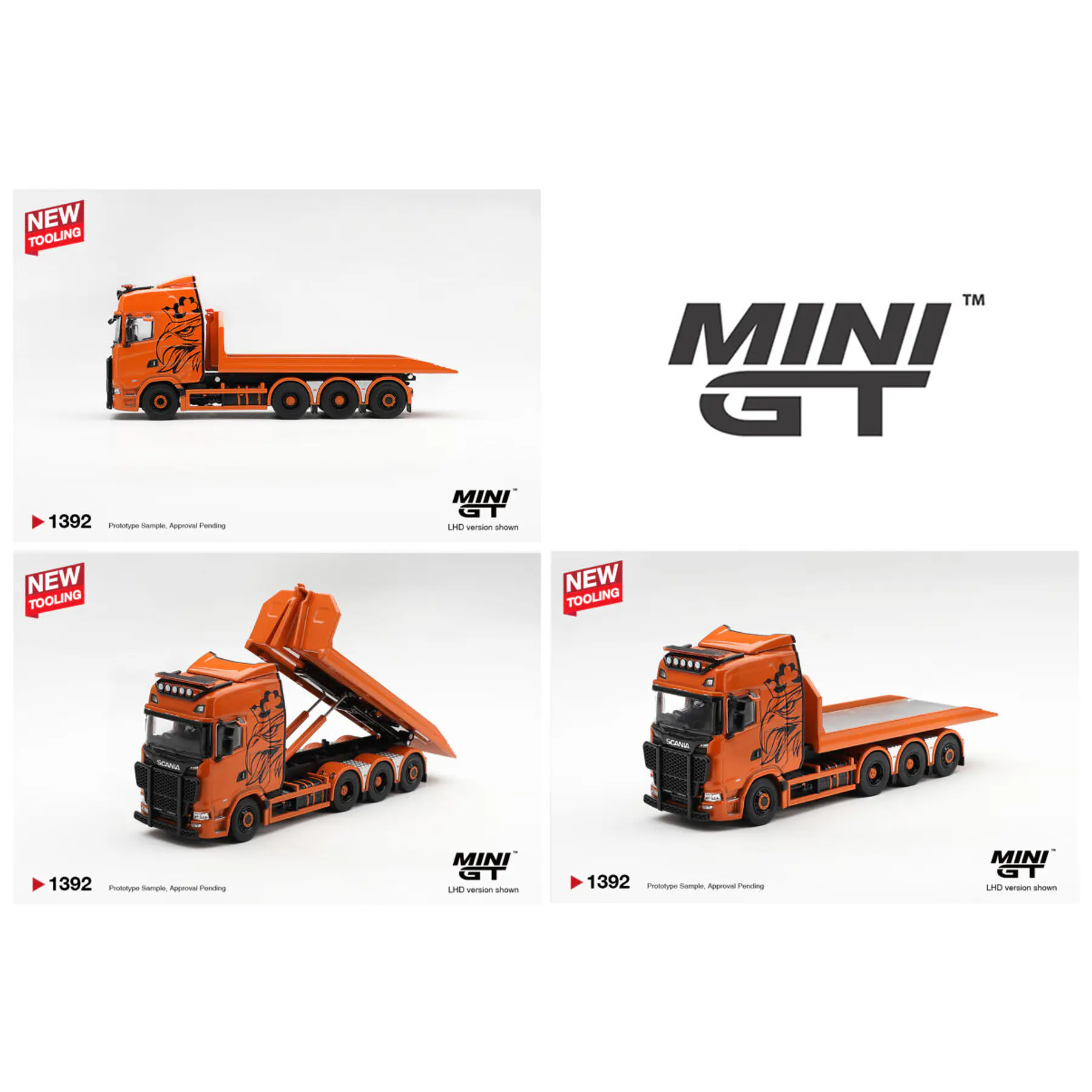 (PREVENTA) Mini GT 1:64 Scania 770S B8x4NA Hooklift Flatbed Orange – Limited Edition