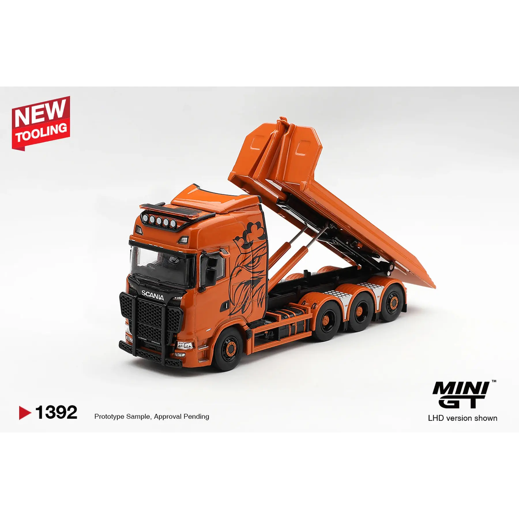 (PREVENTA) Mini GT 1:64 Scania 770S B8x4NA Hooklift Flatbed Orange – Limited Edition