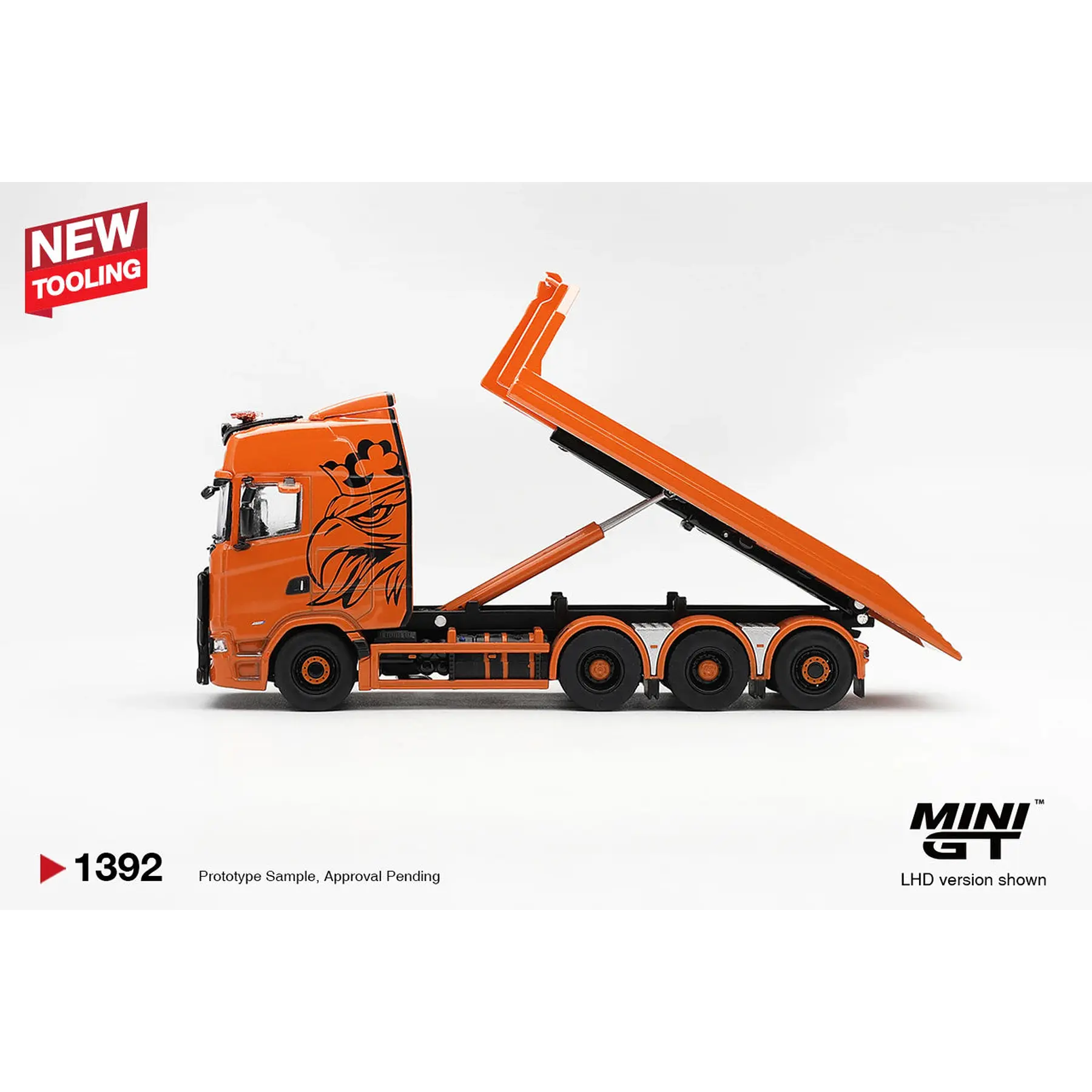 (PREVENTA) Mini GT 1:64 Scania 770S B8x4NA Hooklift Flatbed Orange – Limited Edition