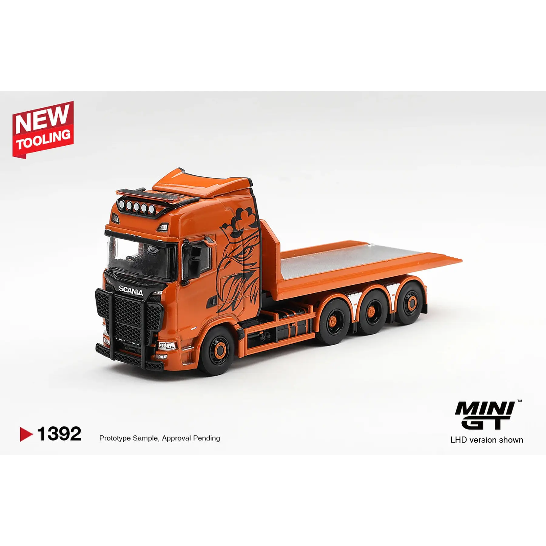 (PREVENTA) Mini GT 1:64 Scania 770S B8x4NA Hooklift Flatbed Orange – Limited Edition