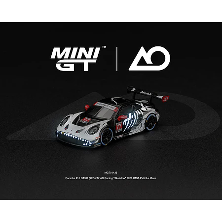(PREVENTA) Mini GT 1:64 Porsche 911 GT3 R (992) #77 AO Racing “Skeleton Rexy” 2026 IMSA Petit Le Mans – (Glow in the Dark) – Limited Edition