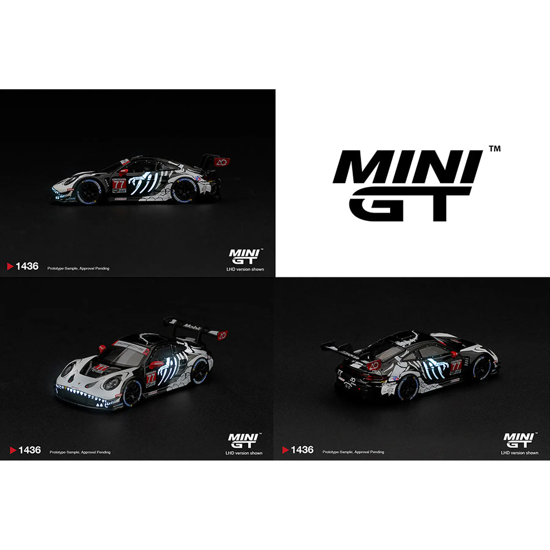 (PREVENTA) Mini GT 1:64 Porsche 911 GT3 R (992) #77 AO Racing “Skeleton Rexy” 2026 IMSA Petit Le Mans – (Glow in the Dark) – Limited Edition