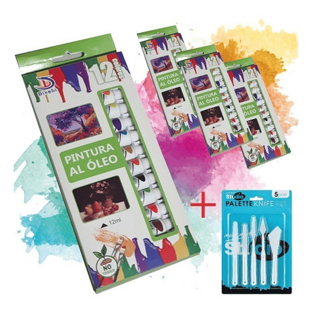 Pack 4 Cajas Pintura Óleo (12 Ml) 12 Colores + Set Espatulas