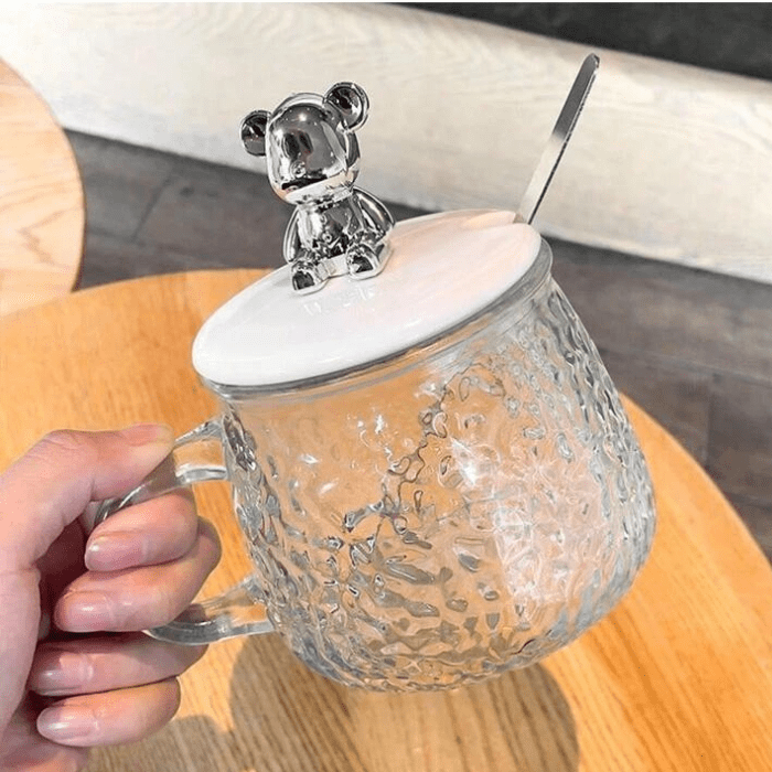 Vaso de vidrio con cuchara decorado con oso 1