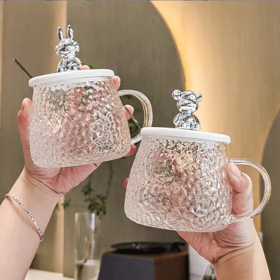 Vaso de vidrio con cuchara decorado con oso 2