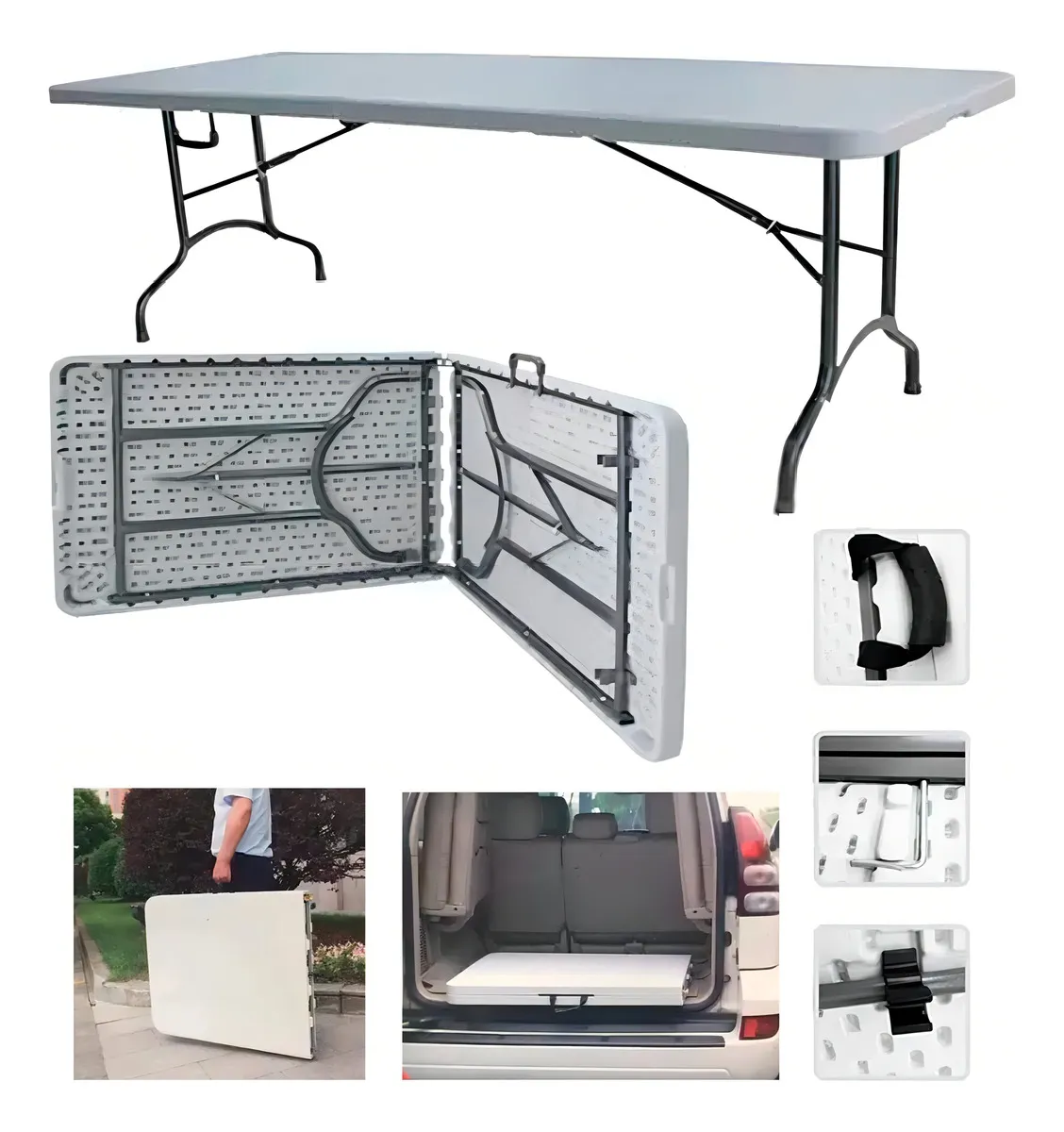 Mesa Plegable Tecnohogar Tipo Maleta 1.80 Camping Resistente Color Blanco 1