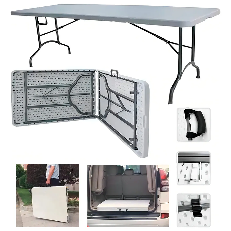 Mesa Plegable Tecnohogar Tipo Maleta 1.80 Camping Resistente Color Blanco 1