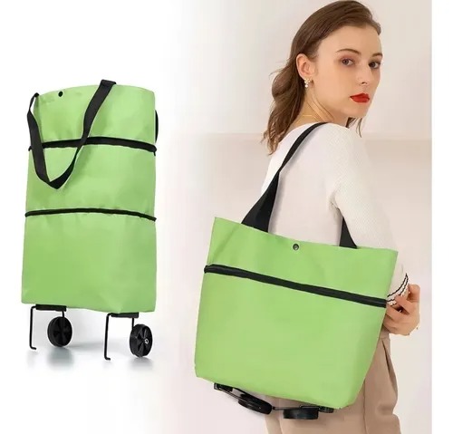 Carrito de compras plegable 2 en 1, bolsa de compras plegable con cremallera de dos etapas con ruedas plegable 2