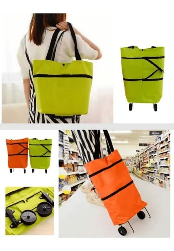 Carrito de compras plegable 2 en 1, bolsa de compras plegable con cremallera de dos etapas con ruedas plegable 3