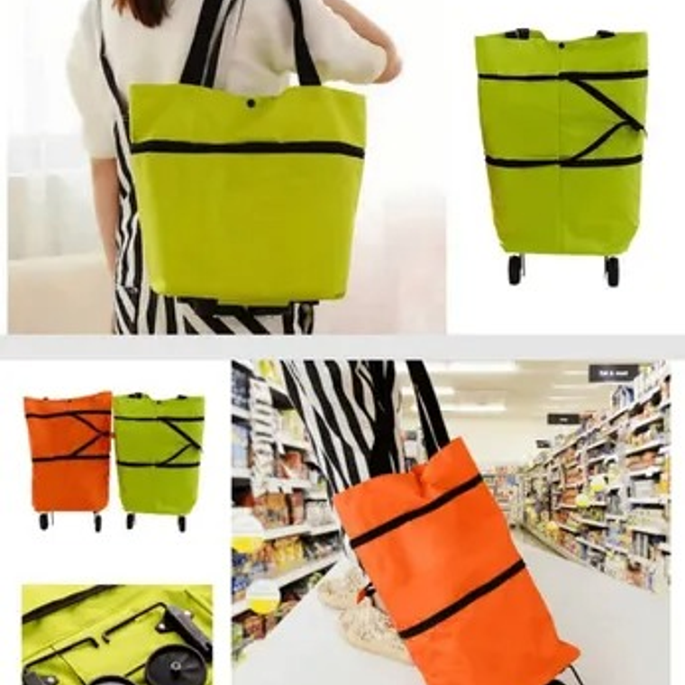 Carrito de compras plegable 2 en 1, bolsa de compras plegable con cremallera de dos etapas con ruedas plegable 3