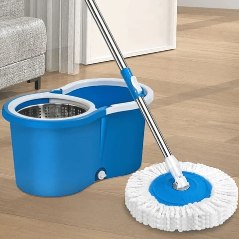 Mopa Giratoria 360° con Canasto de Acero Inoxidable y ruedas