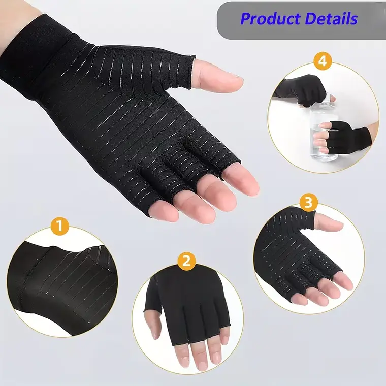 1 Par de Guantes de Cobre sin Dedos con Compresión Uniforme de 360° para Uso Diario, Cálidos, para Escribir, Antideslizantes  2