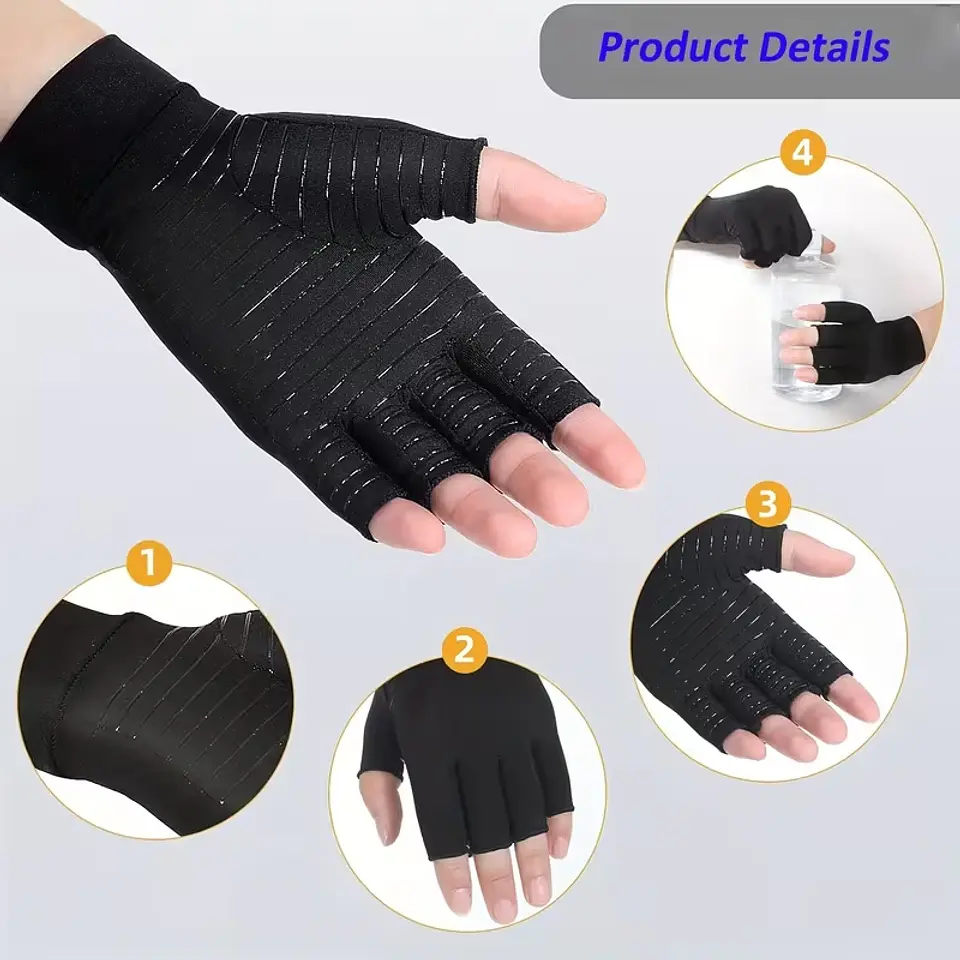 1 Par de Guantes de Cobre sin Dedos con Compresión Uniforme de 360° para Uso Diario, Cálidos, para Escribir, Antideslizantes  2