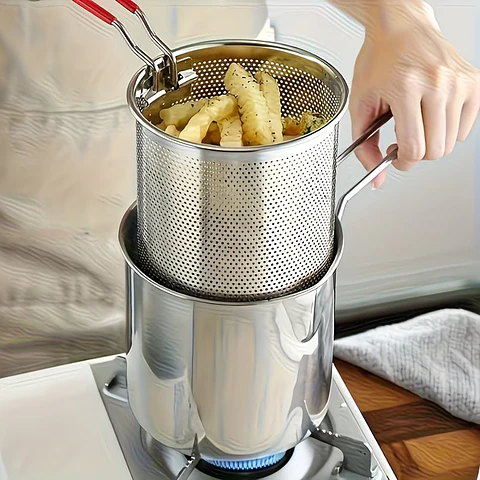 Freidora de Acero Inoxidable con Rejilla de Malla - Diseño Compacto, Duradero y Fácil de Limpiar, Perfecta para Hacer Papas Fritas, Filetes de Pescado y Pollo 