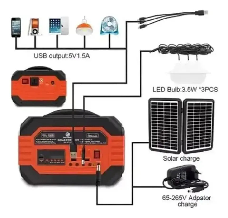 Generador Energia Multiuso Bateria Carga Solar 3 Ampolletas 100w 5