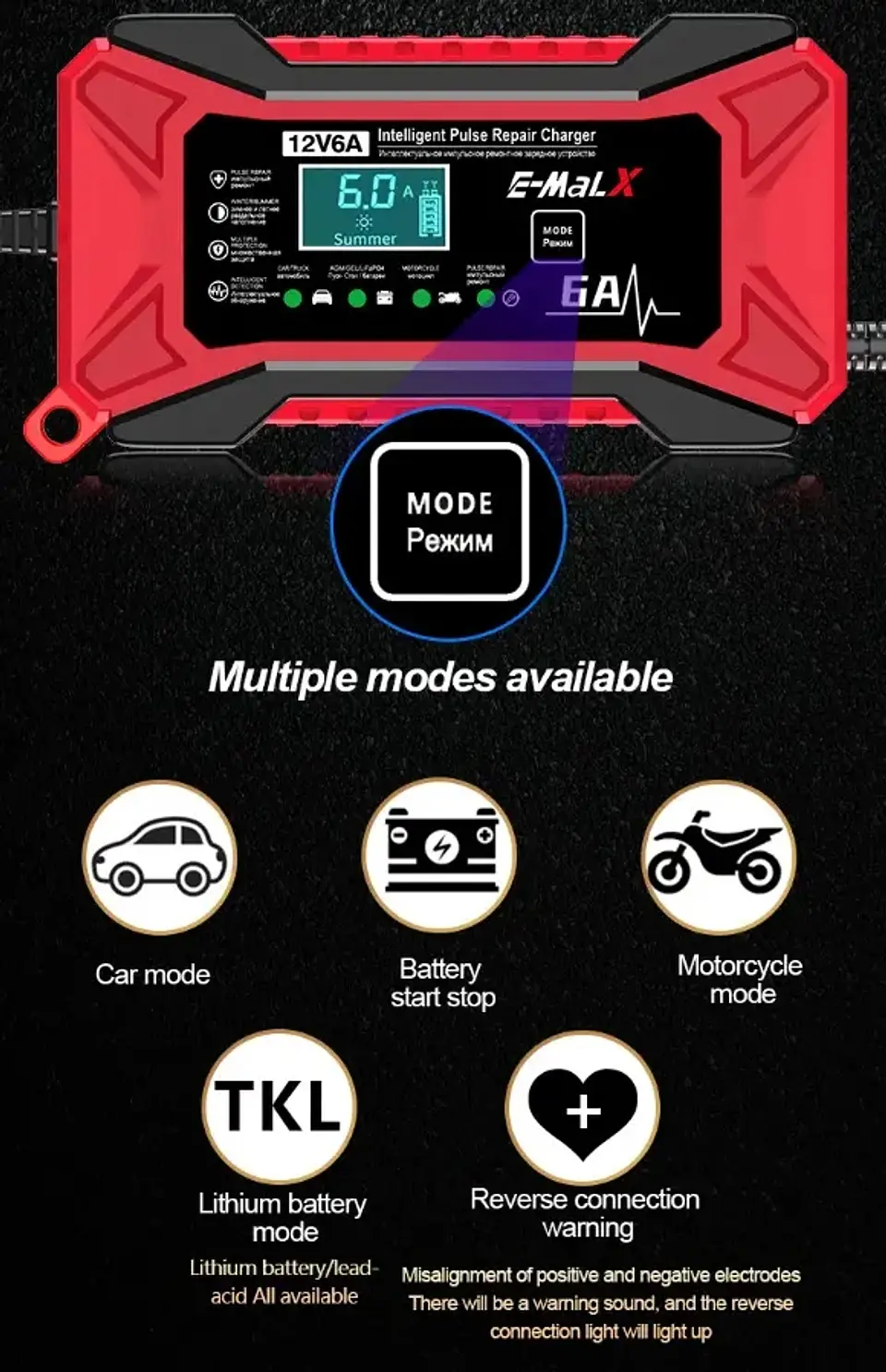 Cargador Inteligente Baterías 12V Autos y Motos 6A Pantalla Digital 3