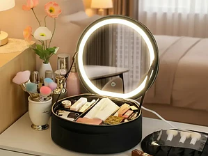 Maleta De Maquillaje Con Espejo Luz Led Organizador Redondo Negro