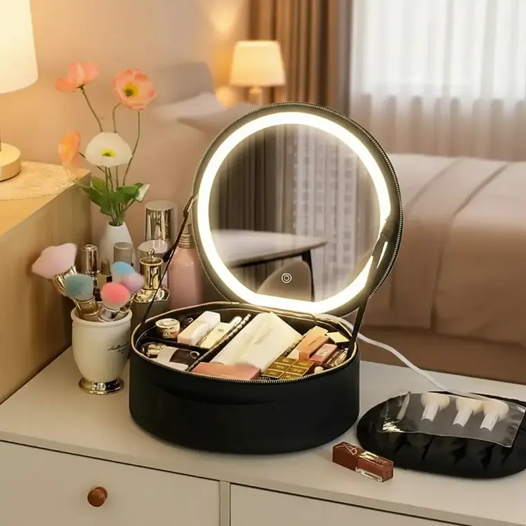 Maleta De Maquillaje Con Espejo Luz Led Organizador Redondo Negro 1