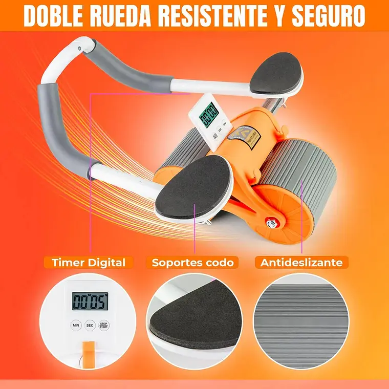 Rueda Abdominal Gym -Rodillo Con Timer Digital y Apoyo Codos Naranja 2