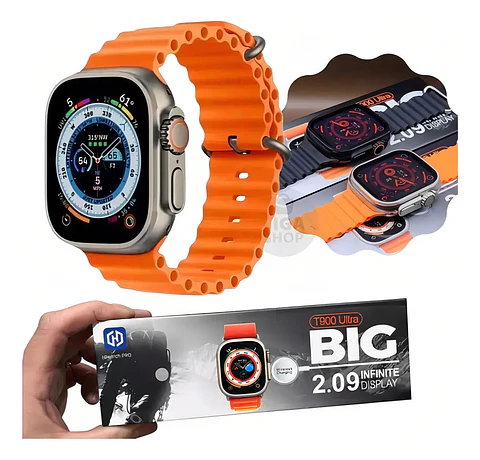 Smartwatch T900 Ultra Plus Series 8, 49 mm, 2.09 pulgadas, color titanio/naranja