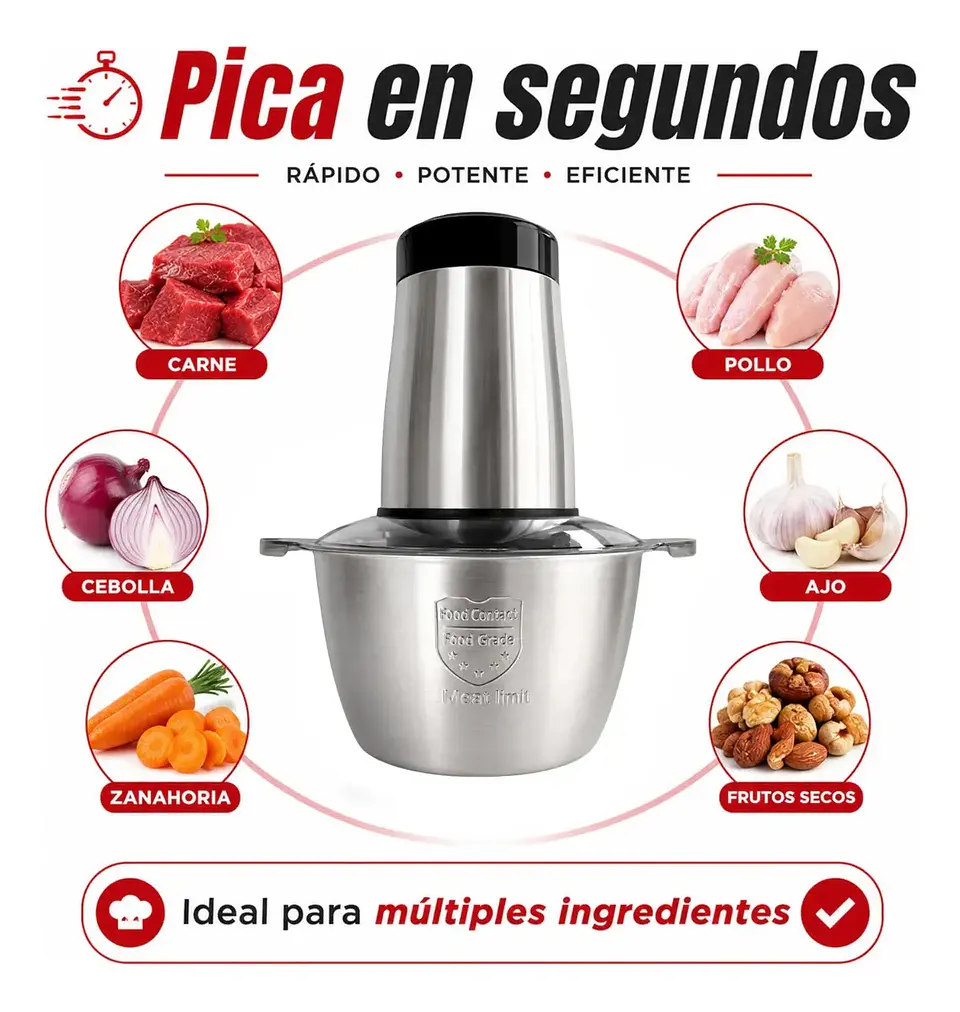 Picador Moledor Eléctrico 2L Procesador De Alimentos Acero verdura carnes 2