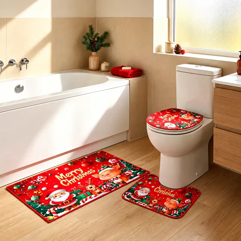 Set De Baño Navidad Juego De Baño 3 Alfombras Baño Navideño