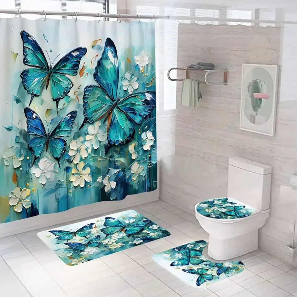 Juego De Baño Set De 4 Piezas Alfombras Cortinas Accesorios 4