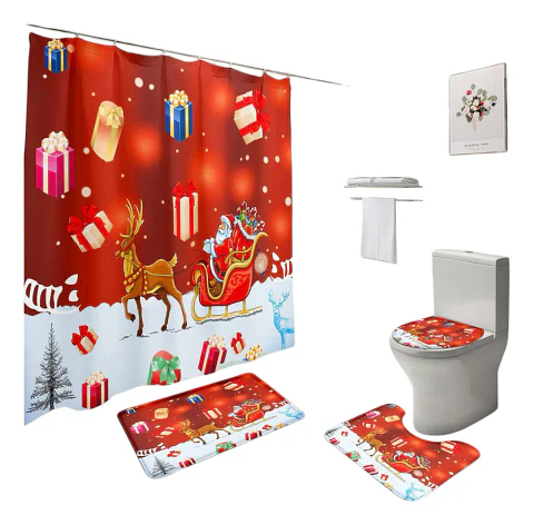 Juego De Baño Set De 4 Piezas Alfombras Cortinas Accesorios Navidad