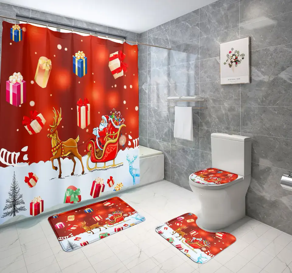 Juego De Baño Set De 4 Piezas Alfombras Cortinas Accesorios Navidad 2