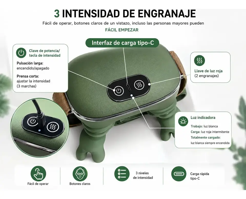 Masajeador Cuello Y Hombros Shiatsu Con Calor Recargable Verde Musgo 3