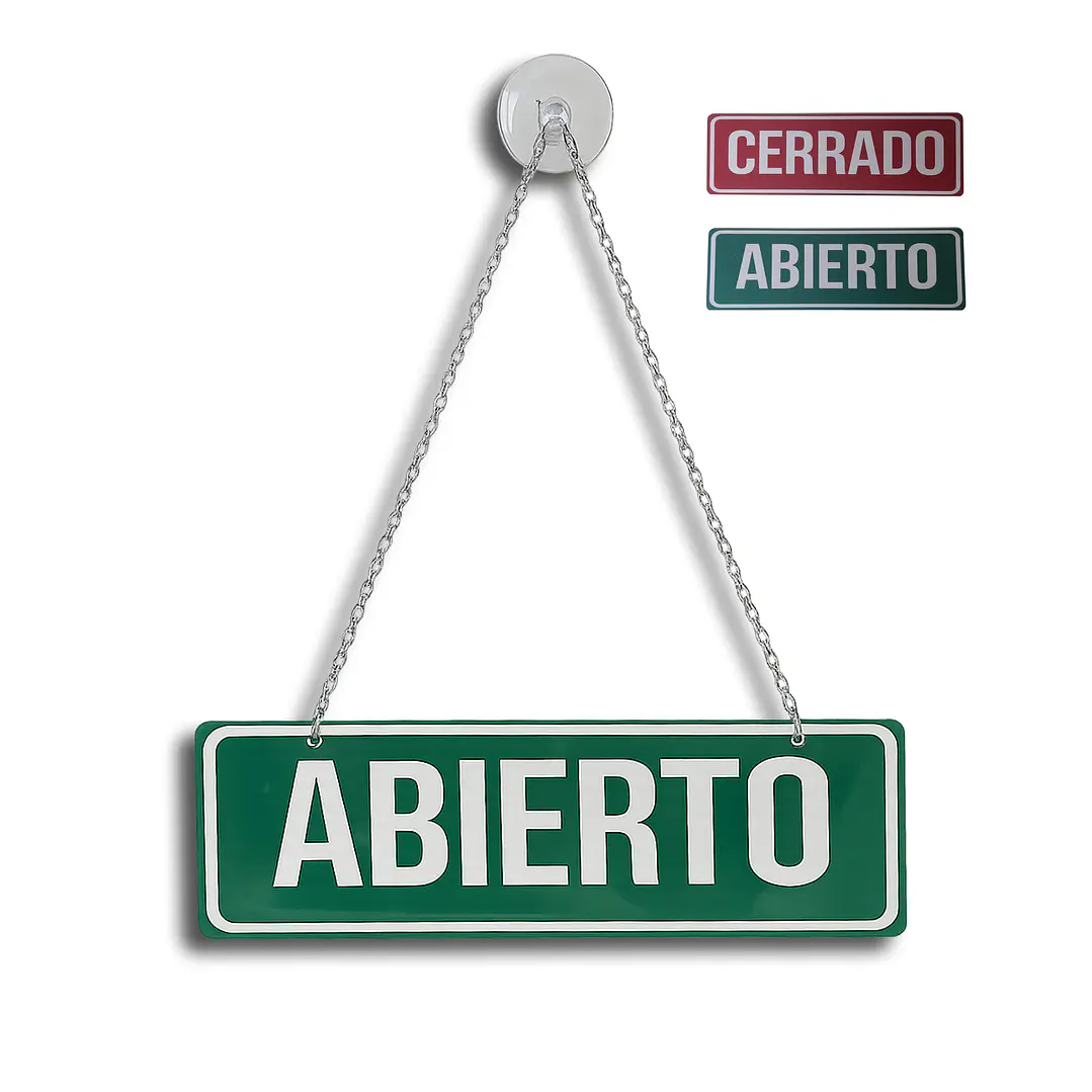 Letrero Colgante Abierto Cerrado Con Ventosa Y Cadena 1
