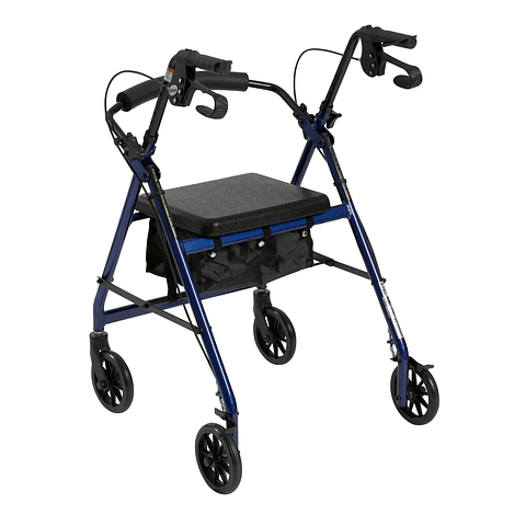 Caminador Drive Medical con ruedas con ruedas, respaldo extraíble plegable y asiento acolchado, azul.