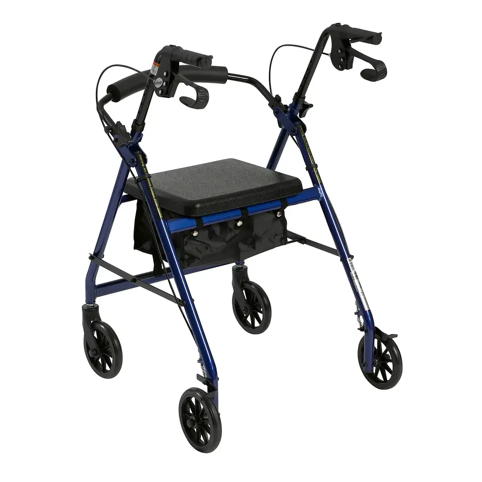 Caminador Drive Medical de 4 ruedas plegables con descansa pies, respaldo extraíble plegable y asiento acolchado, azul. 2