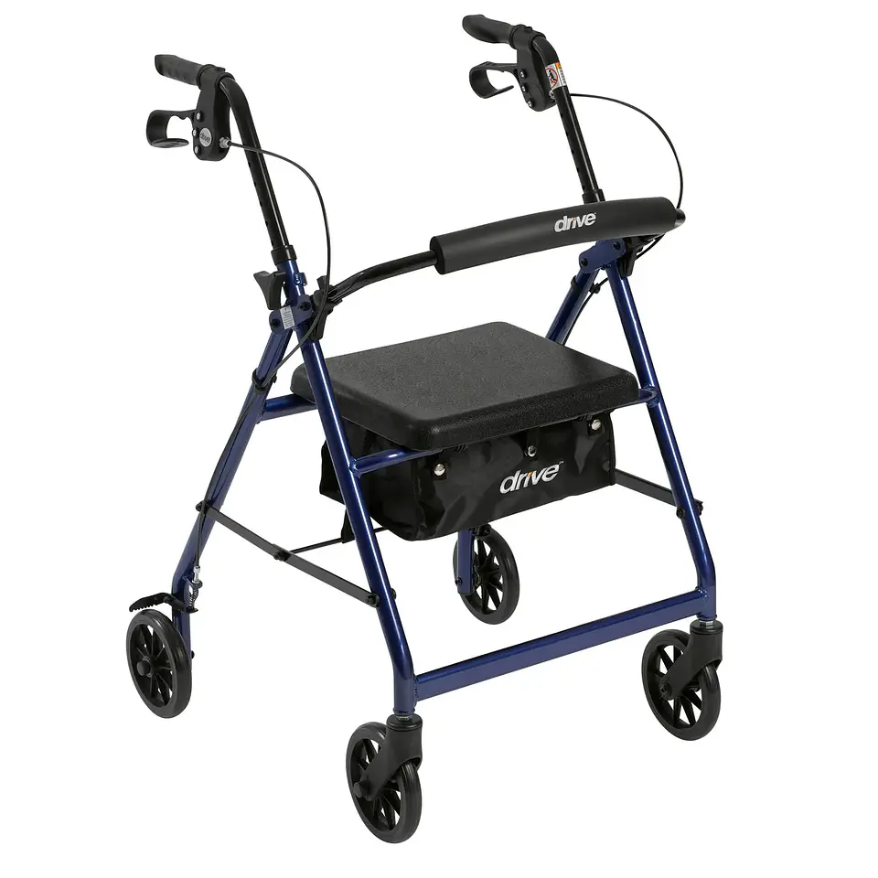 Caminador Drive Medical de 4 ruedas plegables con descansa pies, respaldo extraíble plegable y asiento acolchado, azul. 1