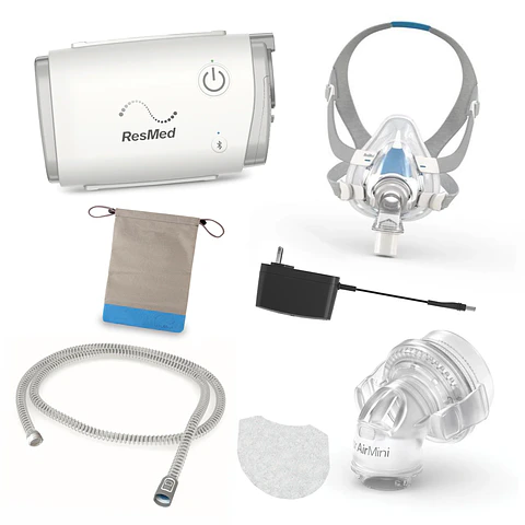 Combo CPAP de viaje AirMini + Máscara AirFit F20 CPAP + Accesorios compatibles.