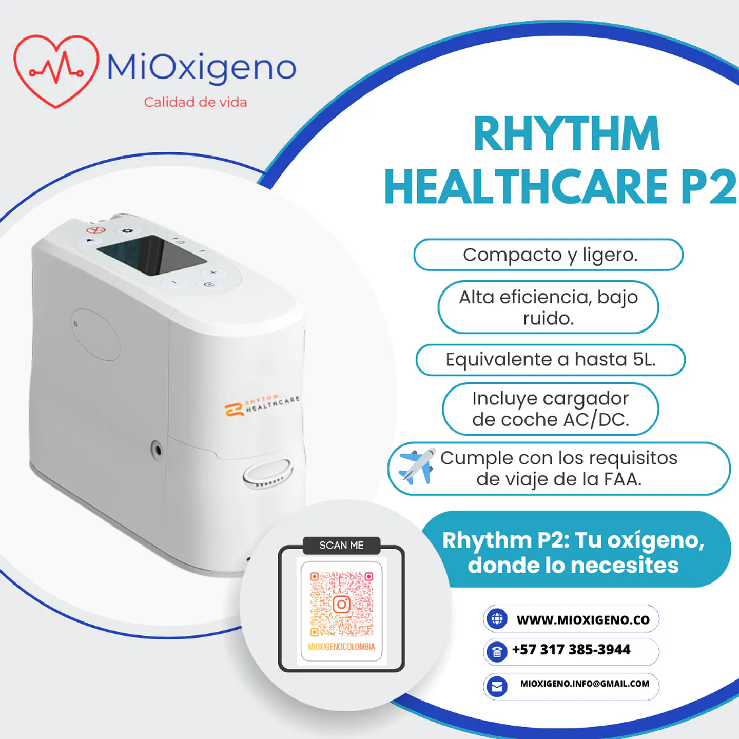 Concentrador de oxigeno portatil Rhythm Healthcare P2 - NUEVO  1
