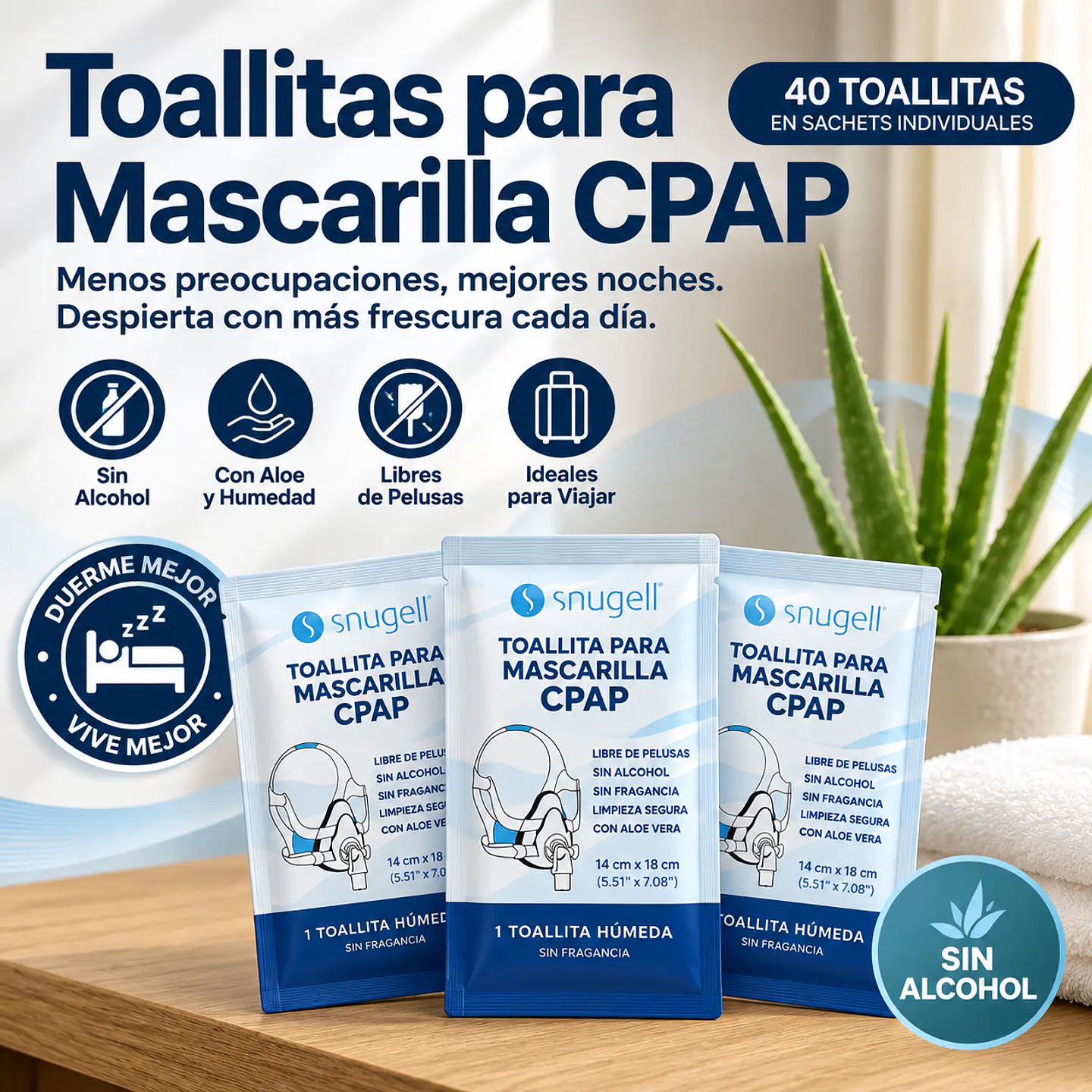 Toallitas Snugell para máscaras CPAP y tubos - Sin perfume paquete individual por 40 unidades 2