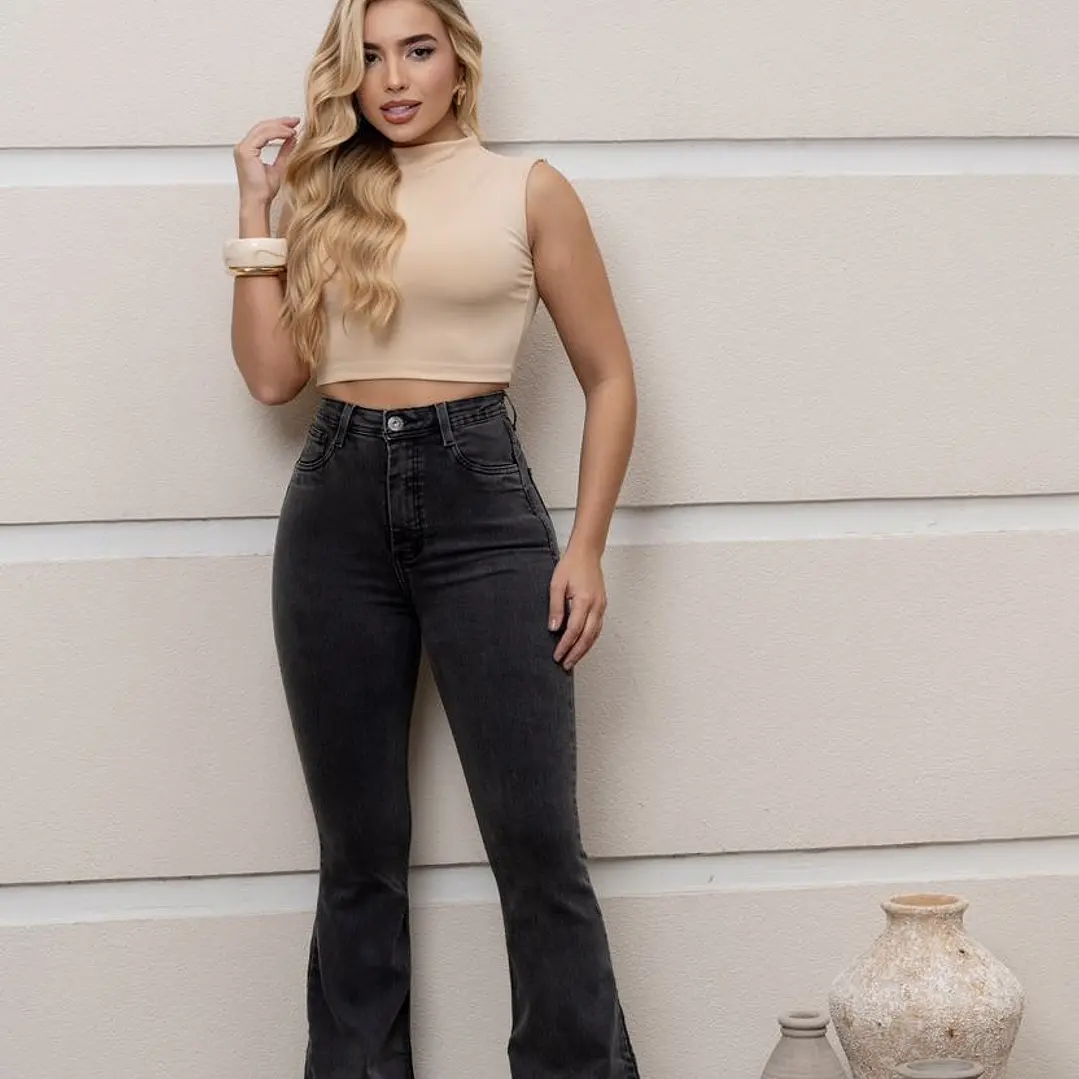 Jeans Flare con faja grafito  4