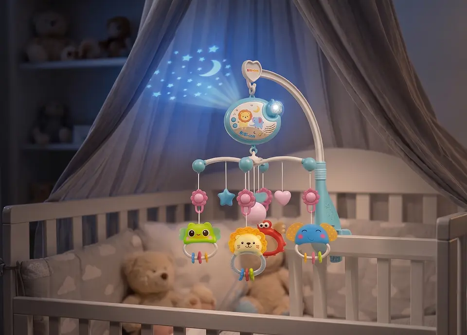 Móvil Musical para Cuna y Proyección de Estrellas  (Color Celeste) 3