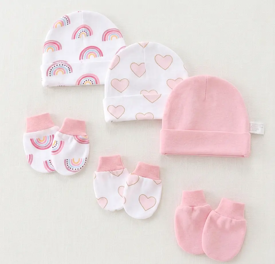 Set 3 Gorros y Mitones de Algodón para Bebé Recién Nacido 6