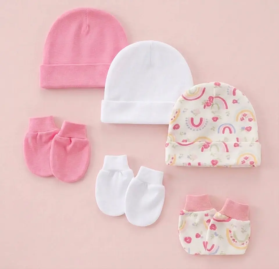 Set 3 Gorros y Mitones de Algodón para Bebé Recién Nacido 7