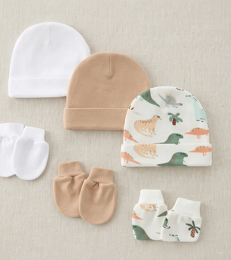 Set 3 Gorros y Mitones de Algodón para Bebé Recién Nacido 4