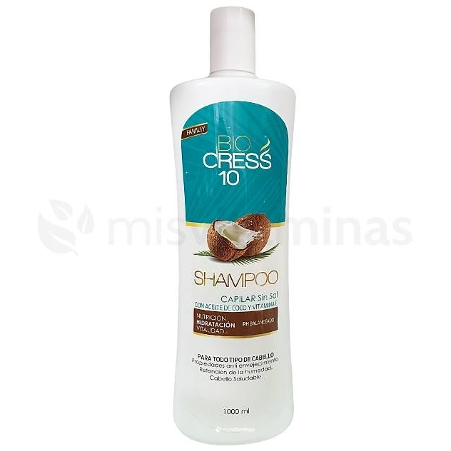 Shampoo Familiar con aceite de coco y vitamina E BioCress 10