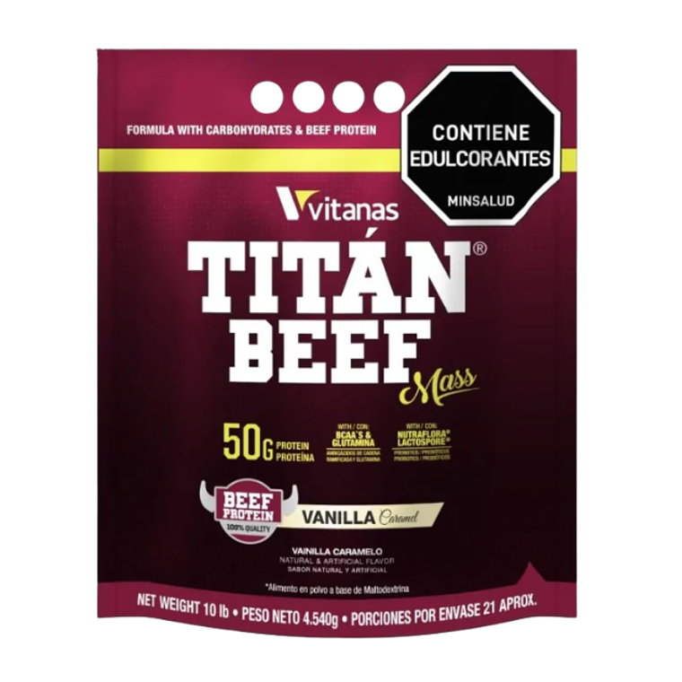 Titán Beef Mass Vitanas – Proteína de Carne con Carbohidratos | Sabor Vainilla Caramelo 1