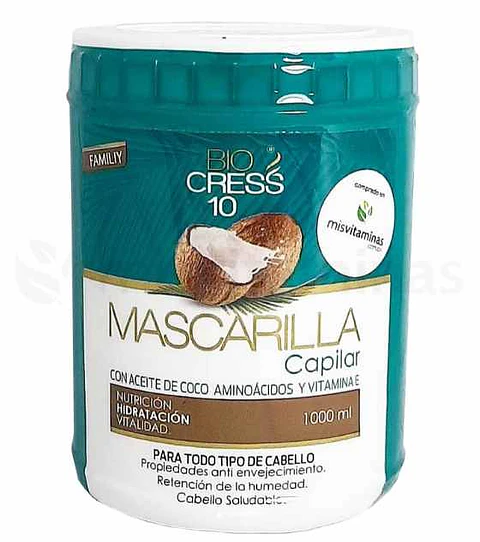 Mascarilla Capilar Aceite de Coco Aminoácidos y Vitamina E 1000ml Bio cress 10