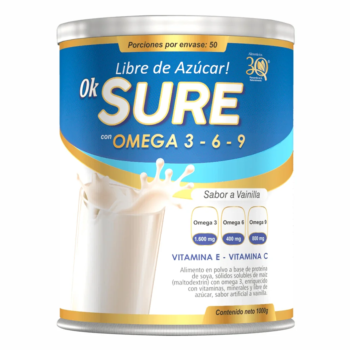 Ok Sure con Omega 3 6 9 Sabor a Vainilla 1000 gr 3Q 1
